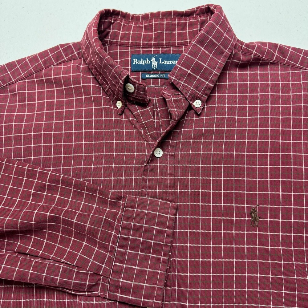 Ralph Lauren Shirt Mens Large Burgundy‎ Classic Fit Button Down Windowpane Plaid